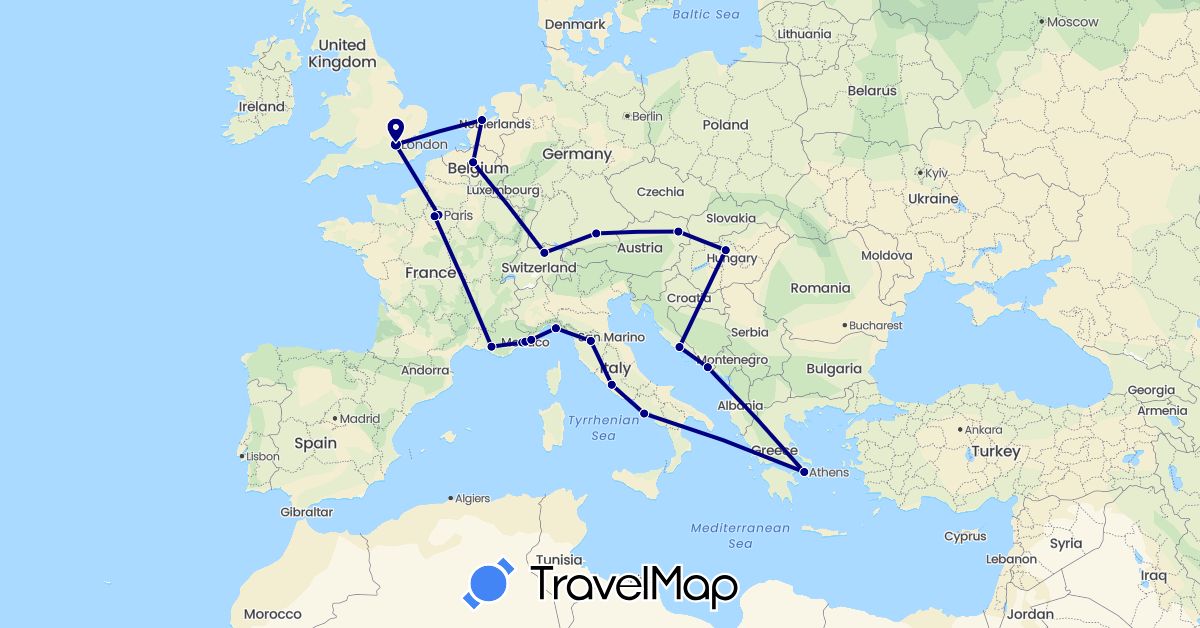 TravelMap itinerary: driving in Austria, Belgium, Switzerland, Germany, France, United Kingdom, Greece, Croatia, Hungary, Italy, Monaco, Netherlands (Europe)